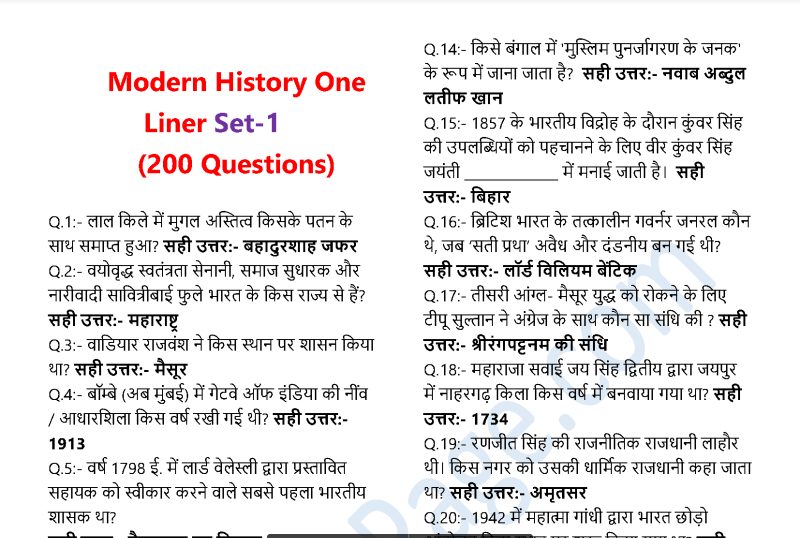 Modern Indian History Questions PDF in Hindi